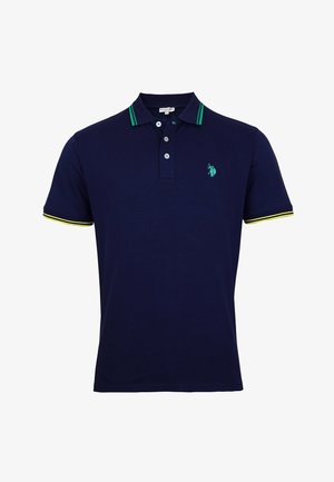 Donkerblauw poloshirt met groene en gele gestreepte kraag en mouwranden, drie knopen, en een klein groen geborduurd logo op de borst.