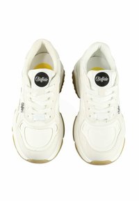 White sneakers with a chunky design, featuring suede and mesh materials, round toe, padded collar, and a gum rubber outsole. Black logo on tongue.