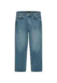 Jeans in denim azzurro chiaro con vestibilità dritta, design a cinque tasche e minimo sbiadimento. Caratterizzati da chiusura con bottone e cerniera.