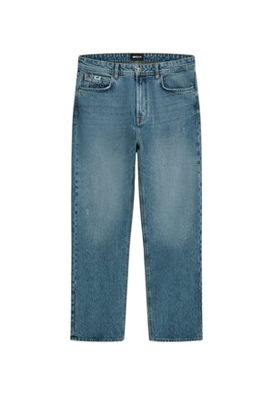 Jeans in denim azzurro chiaro con vestibilità dritta, design a cinque tasche e minimo sbiadimento. Caratterizzati da chiusura con bottone e cerniera.