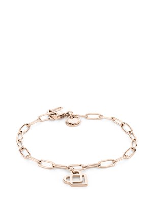 Metallarmband mit verlängerten Gliedern in Roségold, ausgestattet mit einem Doppelherz-Anhänger und einem Karabinerverschluss mit einem kleinen Logotag.
