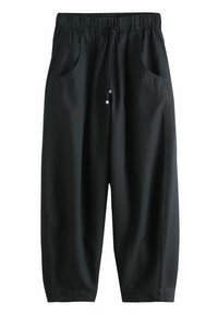 Pantalon noir ample avec taille élastique, cordon de serrage et poches avant, en tissu léger.