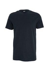 Tricou din bumbac bleumarin, cu guler rotund, mâneci scurte, tăietură dreaptă și o textură netedă, uniformă. Fără modele sau embellishementuri vizibile.
