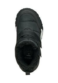 Bota de invierno negra con suela de goma gruesa, correa de velcro y forro de felpa suave en el interior.