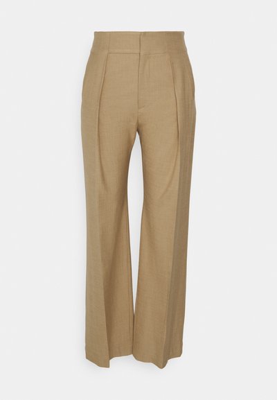 Beige wijde broek van textuurstof, met voorplooien en een hoge taille. Geen zichtbare zakken of versieringen.