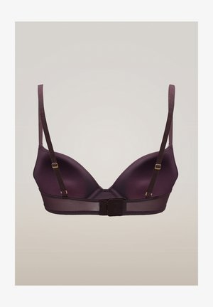 Plunge-bh i mørkelilla stof med glatte skåle, justerbare stropper og guldfarvede metaldetaljer. Har en hægte- og øje-lukning bagpå.