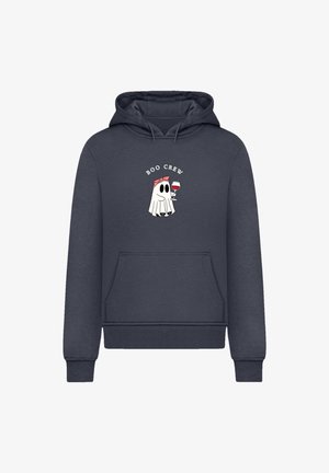 Dunkelblauer Hoodie aus weichem Stoff, mit einem zentralen Grafik eines Gespensts, das eine pinke Schleife trägt und ein Weinglas über dem Text "BOO CREW" hält.