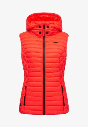 Rode puffer vest met een capuchon, voorzien van horizontale stiksels, zwarte rits en twee zijzakken. Glad oppervlak en lichtgewicht ontwerp.