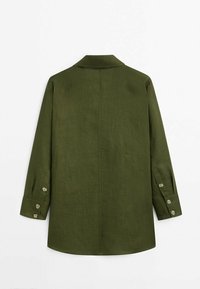 Olive green long-sleeve shirt with a notched collar, buttoned cuffs, and a smooth texture. Plain design, with a central seam down the back.