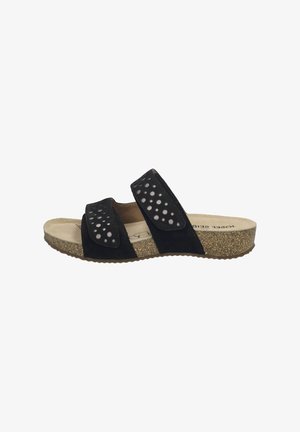 Schwarze Rutsch-Sandale mit zwei verstellbaren Klettverschlussriemen, verziert mit durchbrochenen Akzenten, gepolsterter Einlegesohle und einer strukturierten Korksohle.
