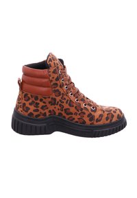 Brown and black leopard print high-top boots with a textured leather upper and padded collar, featuring metal eyelets and a sturdy black sole.