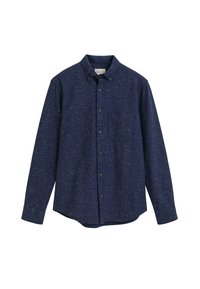 Marineblauwe blouse met knopen, gemaakt van gestructureerde stof met een gemêleerd patroon, voorzien van een enkele borstzak en een klassieke kraag.