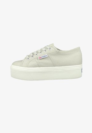 Light gray canvas platform sneaker with white thick sole and laces, featuring Superga logo on the side and back heel.