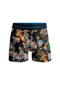 Boxer shorts made of a stretch fabric, featuring a black base with colorful figures in traditional attire. Blue elastic waistband with logo.
