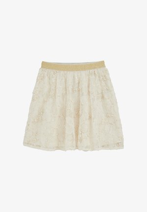 Heleeroosa pitsseelik, millel on sädelev kuldne vöökoht. Kangas on lillemustriline ja kihiline läbipaistev disain.