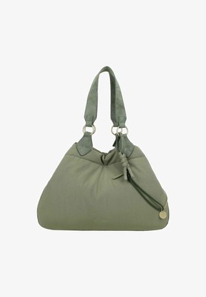 Green fabric handbag with a slouchy design, accented by knotted tie details and leather straps. Features metal rings and a chain attachment.