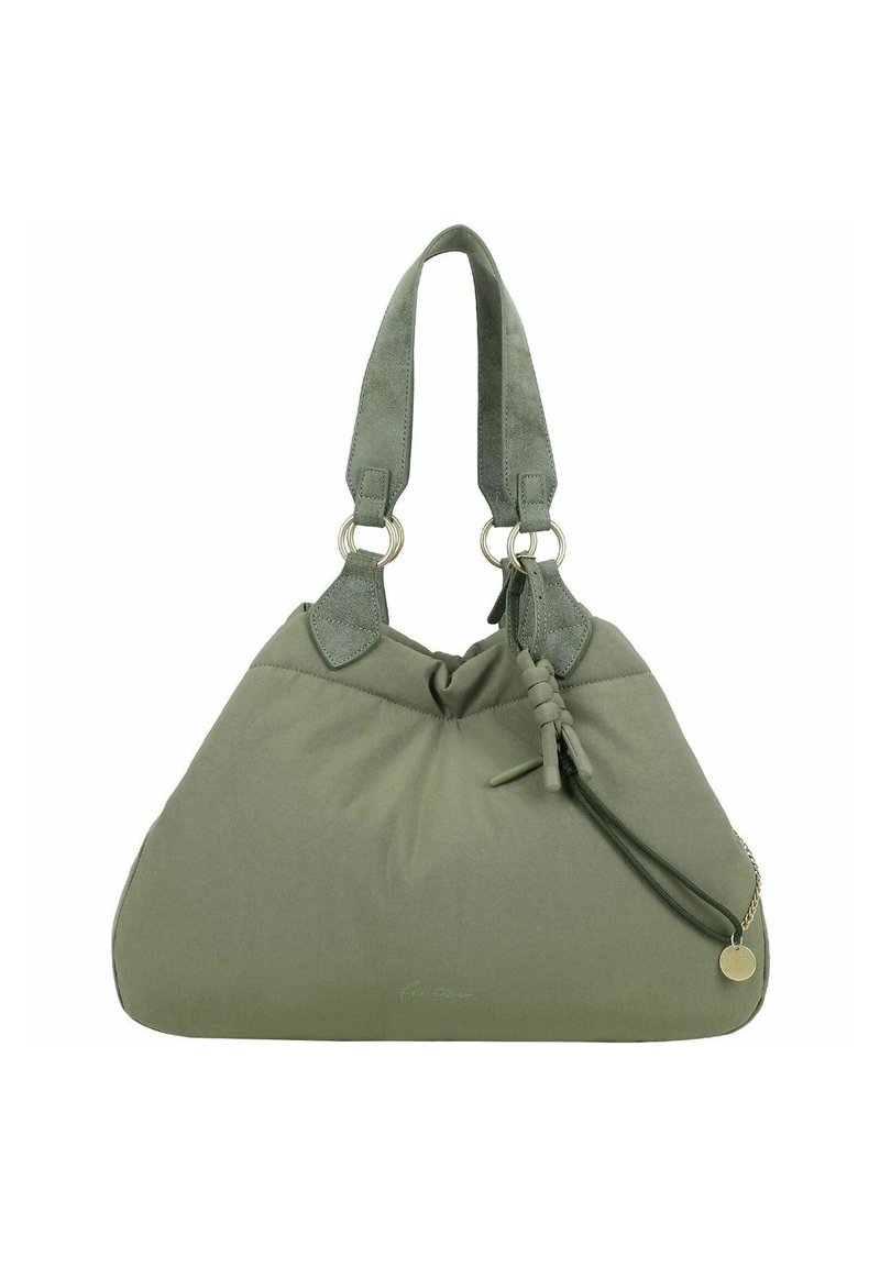 Borsa in tessuto verde con un design morbido, accentuata da dettagli con nodi e cinturini in pelle. Presenta anelli metallici e un attacco a catena.