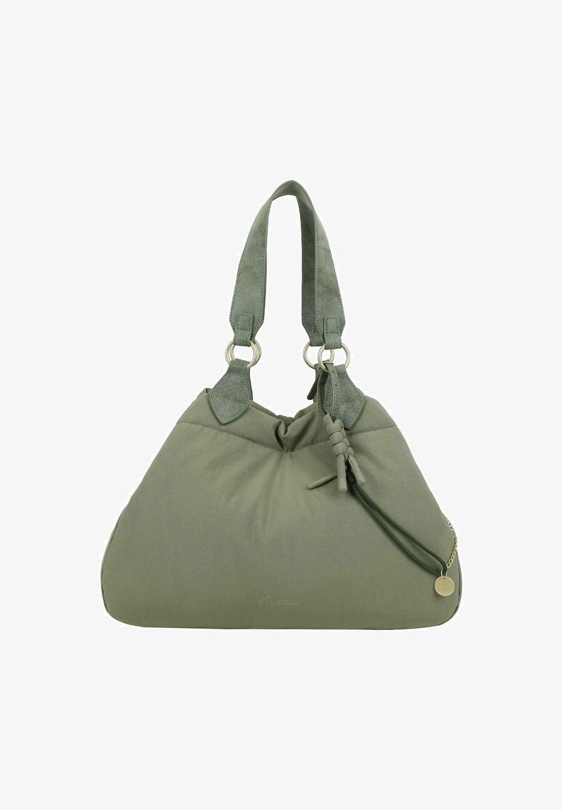 Grüne Stoffhandtasche mit einem lässigen Design, akzentuiert durch geknotete Bindungen und Lederträger. Mit Metallringen und einer Kettenbefestigung.