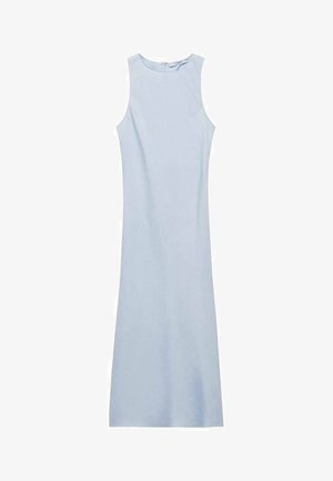 Svetlomodré šaty bez rukávov s priliehavým strihom, obdĺžnikovým výstrihom a dĺžkou po kolená. Hladká látka bez viditeľných vzorov alebo kovových súčastí.