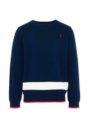 Maglione blu navy con scollo rotondo, banda orizzontale bianca vicino all'orlo, piccolo logo rosso ricamato sul petto e rifiniture rosse su polsini e orlo.