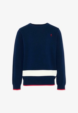 Maglione blu navy con scollo rotondo, banda orizzontale bianca vicino all'orlo, piccolo logo rosso ricamato sul petto e rifiniture rosse su polsini e orlo.