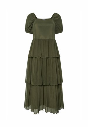Makowa oliwkowa sukienka maxi z falbanami, bufiastymi rękawami, kwadratowym dekoltem i marszczonymi warstwami z lekkiego materiału.