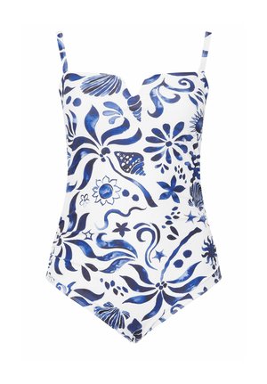 Witte eendelige badpak met dunne bandjes, voorzien van blauwe abstracte bloem- en schelpmotieven over het hele oppervlak.
