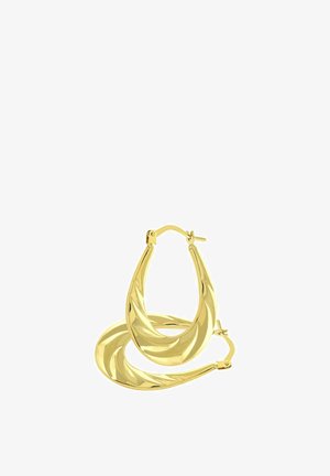 Gold hoop earrings featuring a flowing, curved design with a shiny finish. The earrings are lightweight and have a secure clasp closure.