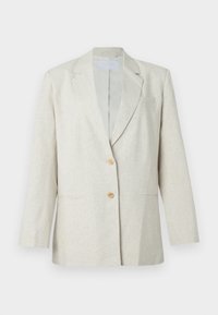 Helebeežide toonis kerge tekstuuriga kangast bleiser, millel on ühe nupuga kinnis, sälksallid ja kaks eesmist taskut. Õmmeldud siluett.