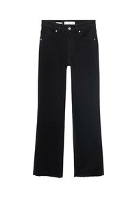 Black denim flared jeans with a mid-rise waist, front pockets, and raw hem detailing, featuring metallic hardware accents.