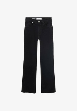 Black denim flared jeans with a mid-rise waist, front pockets, and raw hem detailing, featuring metallic hardware accents.