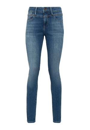 Blue denim skinny jeans with front button and zipper closure, five-pocket design, and subtle fading on thighs.