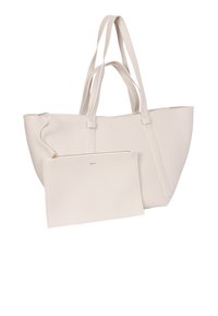 White leather tote bag with textured surface, double shoulder straps, and a detachable matching pouch with a zipper. Simple and functional design.