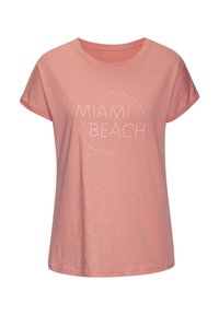 Rozā kokvilnas T-krekls ar īsām piedurknēm. Iekļauj tekstu "MIAMI BEACH" baltā krāsā, kā arī apļa tekstu un brīvu piegriezumu.