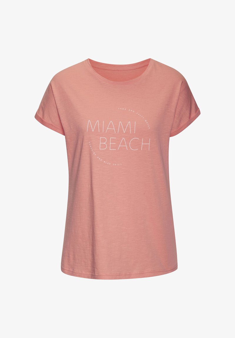 Rozā kokvilnas T-krekls ar īsām piedurknēm. Iekļauj tekstu "MIAMI BEACH" baltā krāsā, kā arī apļa tekstu un brīvu piegriezumu.