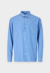Blue and white striped long-sleeve shirt, button-up design, featuring a classic collar and a single chest pocket. Soft cotton material.