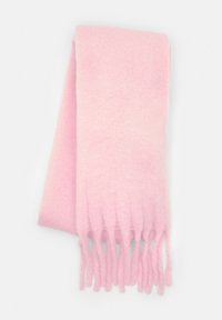 Mjukt rosa scarf i ull med en subtil textur, med fransade kanter för extra detalj. Lättvikts och rektangulär form.