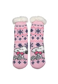 Knit pink socks with a fluffy white cuff, featuring winter-themed patterns and an illustration of a character holding a bunny.