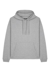 Pilkas megztinis su gobtuvu, pagamintas iš minkštos medžiagos, su priekinėmis kišenėmis, raišteliu reguliuojamu gobtuvu ir sutrauktomis rankovėmis. Turi laisvą siluetą ir neturi jokių logotipų ar raštų.