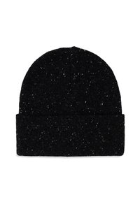 Gorro de punto negro con un patrón texturizado que presenta manchas variadas de blanco y gris. El diseño tiene un dobladillo en la parte inferior.