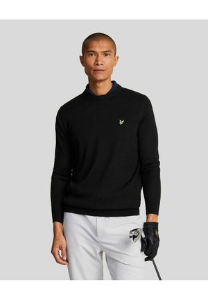 Mand iført sort sweater og hvide bukser, holder en golfkølle i højrehånd med handske mod en ensfarvet grå baggrund.