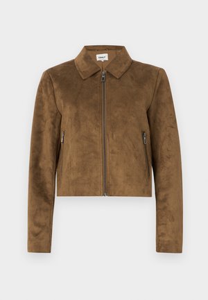 Ruskea mokkajakku, jossa on kaulus, edessä vetoketjusuljenta ja sivuvetoketjutaskut. Sujuva rakenne ja istuva malli.