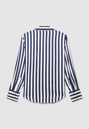 Maglietta a maniche lunghe a righe blu navy e bianche con colletto classico e polsini con bottoni. Tessuto liscio con orlo dritto e taglio sartoriale.