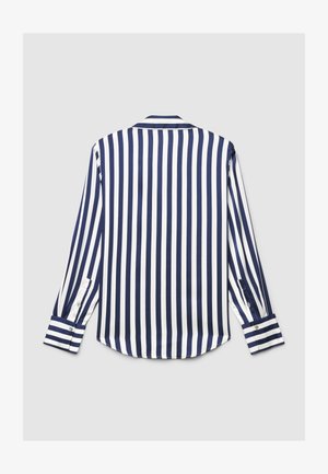 Chemise à manches longues rayée bleu marine et blanc, dotée d'un col classique et de poignets boutonnés. Tissu lisse avec un ourlet droit et une coupe ajustée.