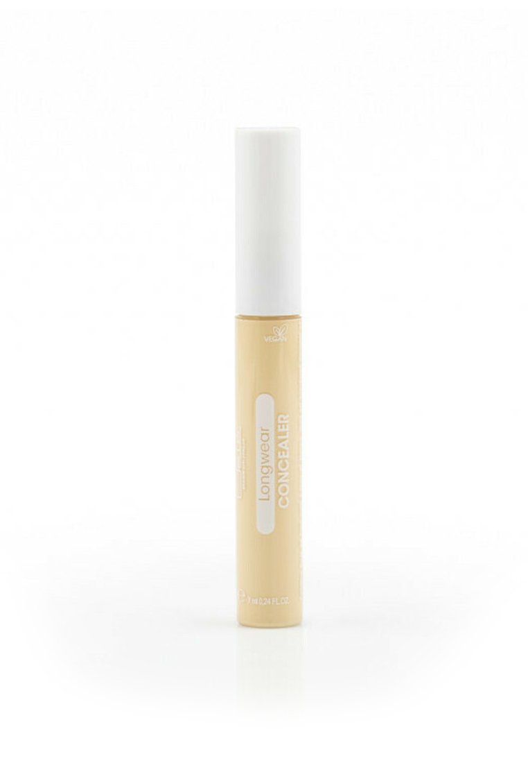 Correttore a lunga tenuta in una forma cilindrica sottile, con un corpo beige chiaro opaco e un tappo avvitato bianco. L'etichetta mostra chiaramente i dettagli del prodotto.