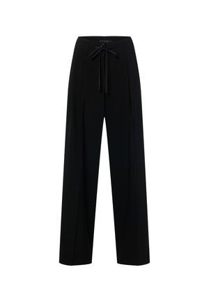 Pantalon noir à jambes larges avec taille à cordon, présentant une texture lisse et un design plissé à l'avant. Aucun accessoire métallique visible.