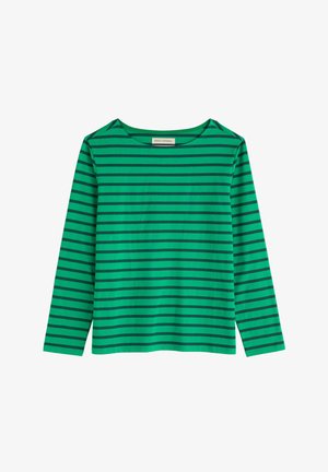 Roheline pikkade varrukatega t-särk, millel on horisontaalsed mustad triibud. Valmistatud pehmest materjalist, ümarale kaelusele ja sirge lõikega hem.