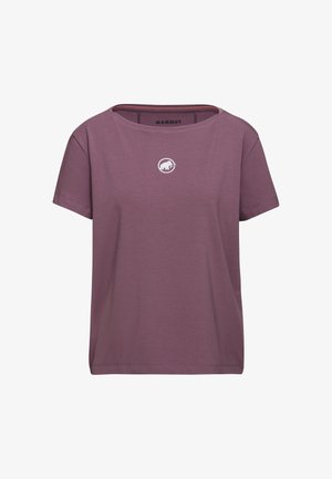 T-shirt à manches courtes, col rond, en coton violet discret avec un petit logo mammouth blanc sur la poitrine et une texture lisse et douce.