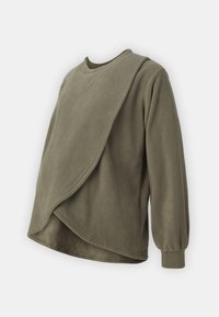 Olivengrøn fleece-pullover med unikt asymmetrisk design, rund halsudskæring og lange ærmer. Blød tekstur med afslappet pasform.