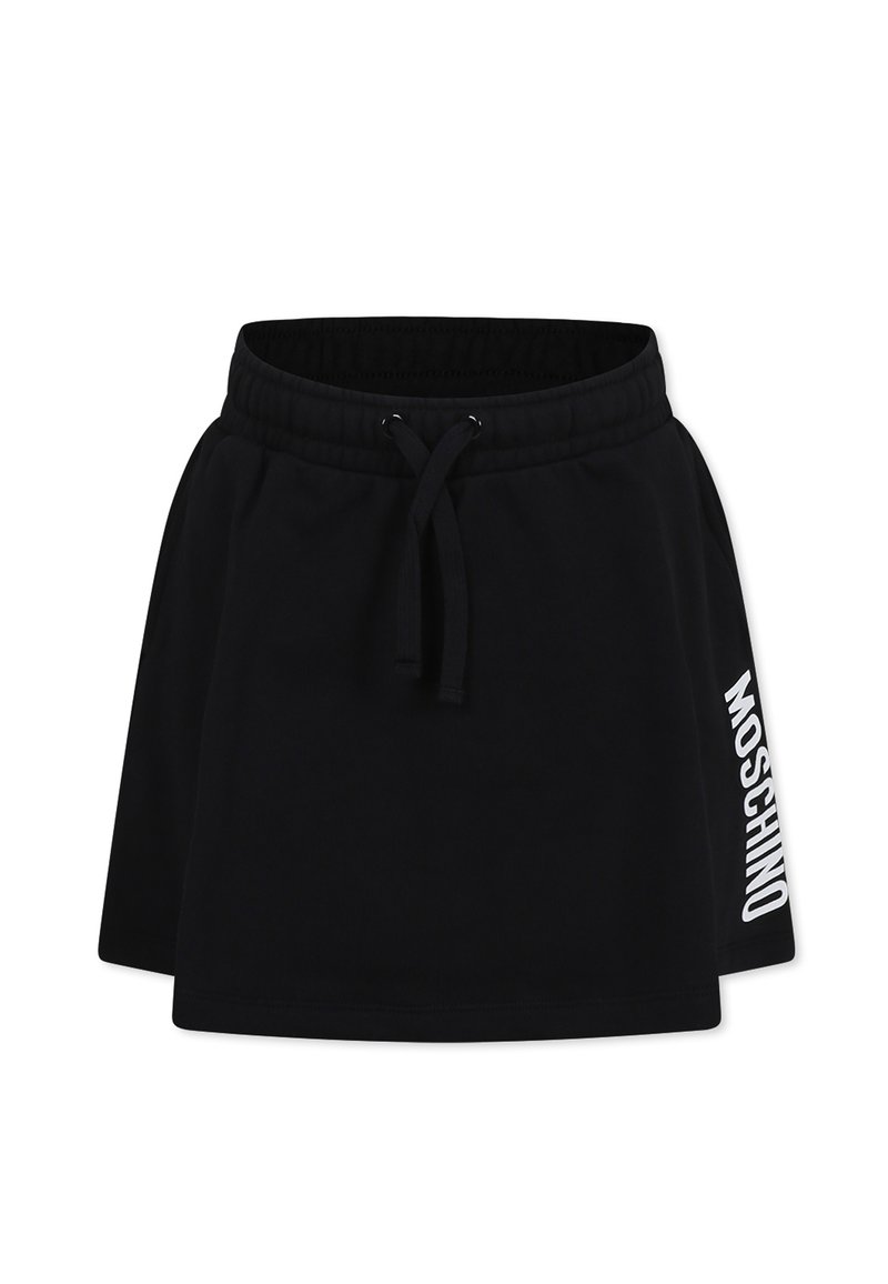 Gonna mini nera in cotone con vita elasticizzata e cordino. Presenta testo bianco "MOSCHINO" sul lato. Tessuto morbido, design casual.